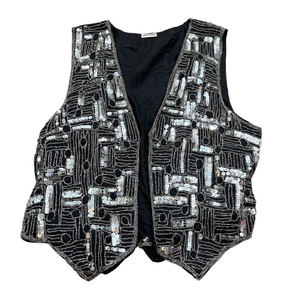 Ladies Vintage 100% Silk Beaded and Sequin Black Vest See Measurements for Size